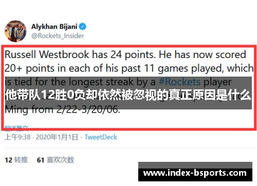 他带队12胜0负却依然被忽视的真正原因是什么